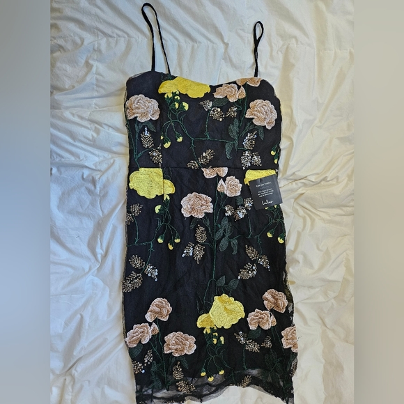 Lulus Dresses & Skirts - Lulu's Black Mini Dress with Yellow & Blush Floral Embroidery